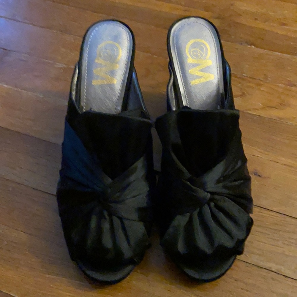 Ladies Dressy Shoes Black Satin Peep Toe Size 9M